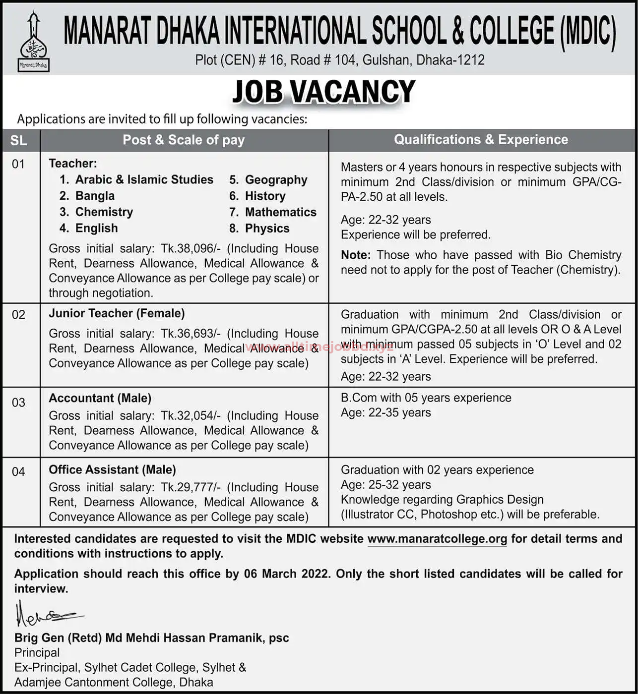 Manarat Dhaka International School & College MDIC Job Circular 2022