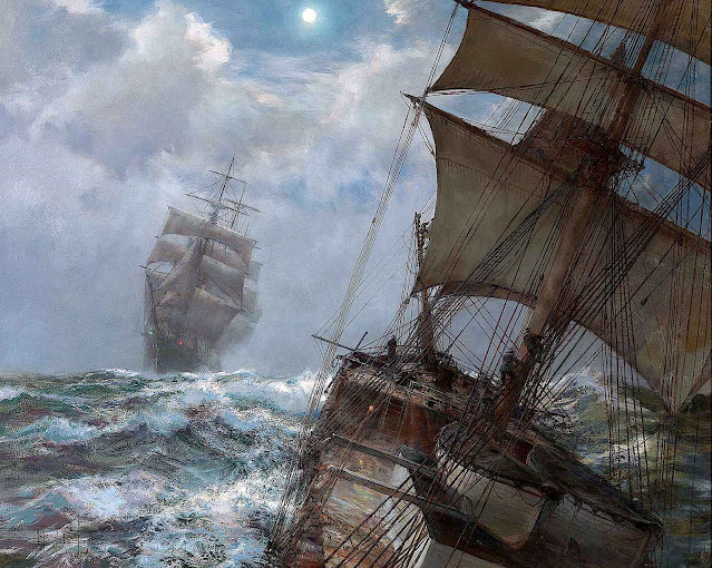 a Montague Dawson painting of a ship at sea signalling with a light