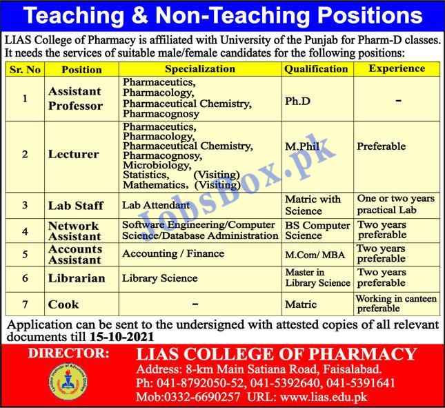 www.lias.edu.pk - LIAS College of Pharmacy Faisalabad Jobs 2021 in Pakistan