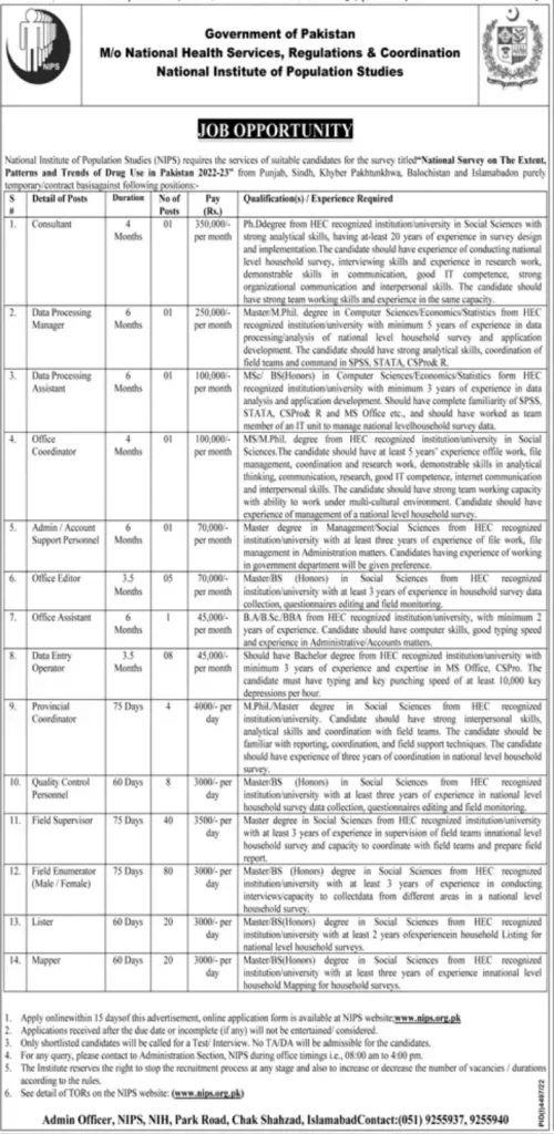 Ministry Of National Health Services Regulations Jobs 2023