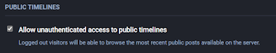 Allow unauthenticated access to public timelines checkbox is shown