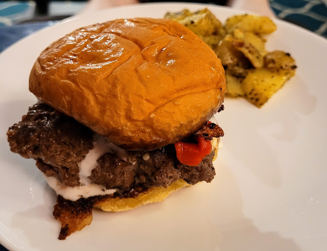 Blue Apron feta-stuffed burger with oregano potatoes