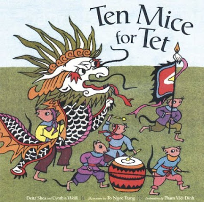 Book cover for Ten Mice for Tet featuring mice in festive clothes performing a dragon dance