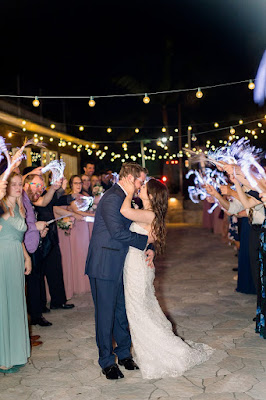 bride and groom kissing through sparkler exit