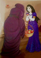 The old woman took with her a basket of lovely red apples for Snow white.  snow white story writing,5 minute Snow White story, snow White original story, snow white, snow white story in english, snow white original story summary, snow white story for kids, snow white story,