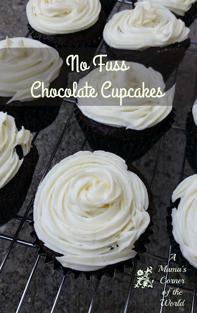 Pinnable image for an easy, basic no fuss chocolate cupcake recipe