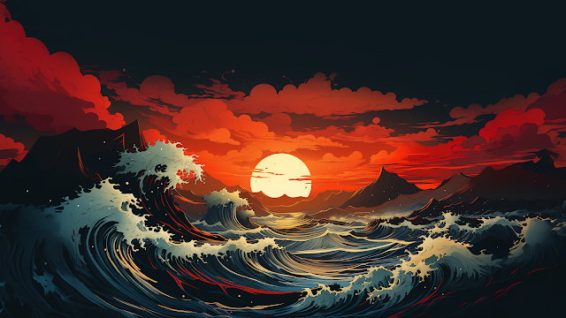 أمواج غروب الشمس في المحيط: خلفية للكمبيوتر الشخصي بدقة 4K مع مناظر غروب الشمس المذهلة