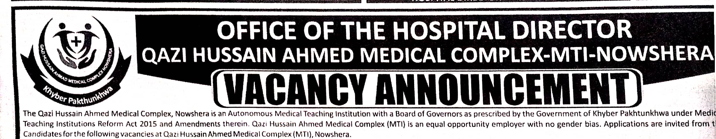 Qazi Hussain Ahmad Medical Complex jobs