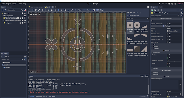 A screenshot of the Godot editor showing a level that demonstrates the kinds of shapes that can be created with the new tile set.