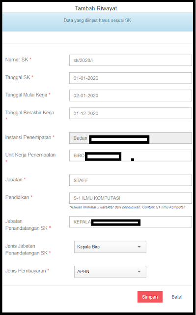 Form Pengisian Penambahan Riwayat Pekerjaan Pendataan Tenaga Non ASN