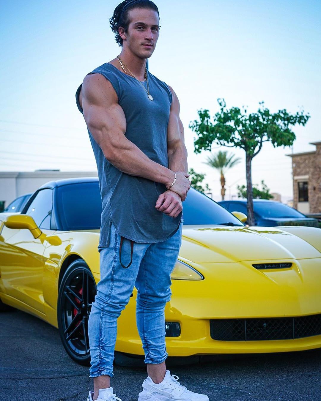 strong-young-bodybuilder-brandon-anthony-flihan-sexy-fast-yellow-car
