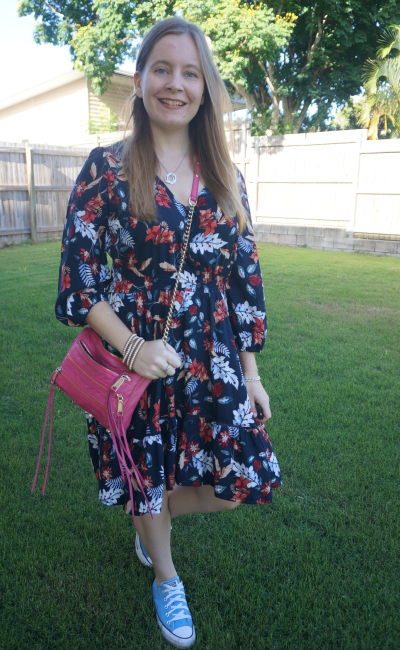 Away From Blue | Aussie Mum Style, Away From The Blue Jeans Rut: Weekday  Wear Link Up: Navy Printed Dresses With Converse and Pink Mini 5-Zip Bag