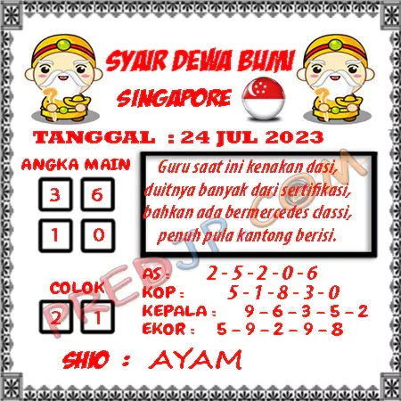 Prediksi Dewa Bumi Togel Singapura Senin 24 Juli 2023