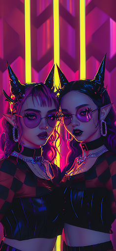 Stylized iPhone wallpaper of twin fairy queens in a neon synthwave setting, exuding fencingpunk zoologycore vibes with their edgy looks.