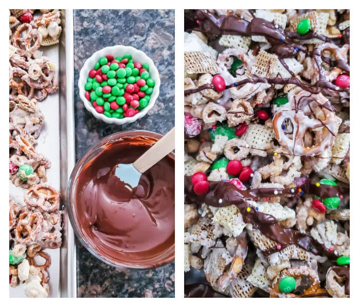 drizzling melted dark chocolate and mini M&Ms over snack mix