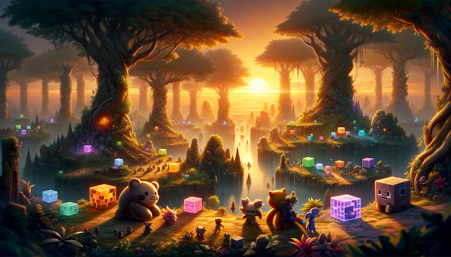 A panoramic scene of an ancient, enchanted forest at sunset from 'Cube Adventure: Monster Tamer'