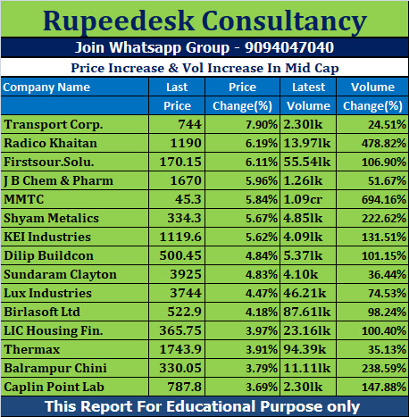 Price Increase & Vol Increase In Mid Cap