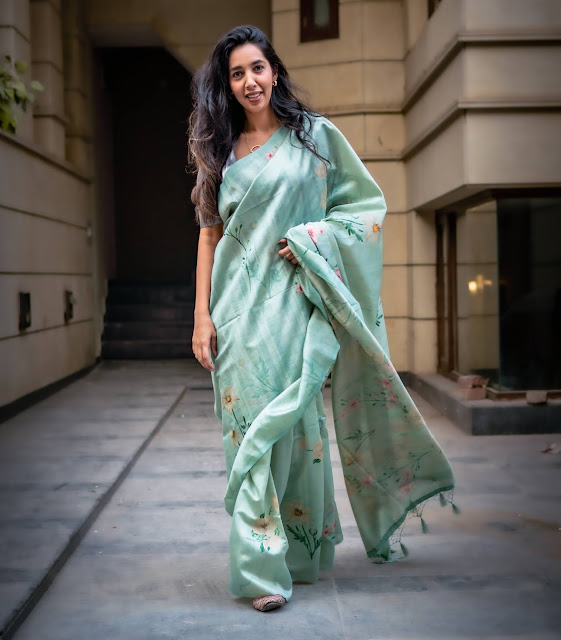 Digital print soft silk pista green saree.