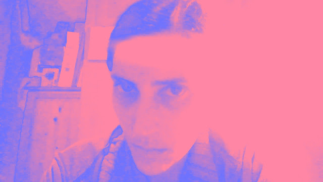 cam shot of blog post author glaring at camera. the image is in pink and blue duotone.