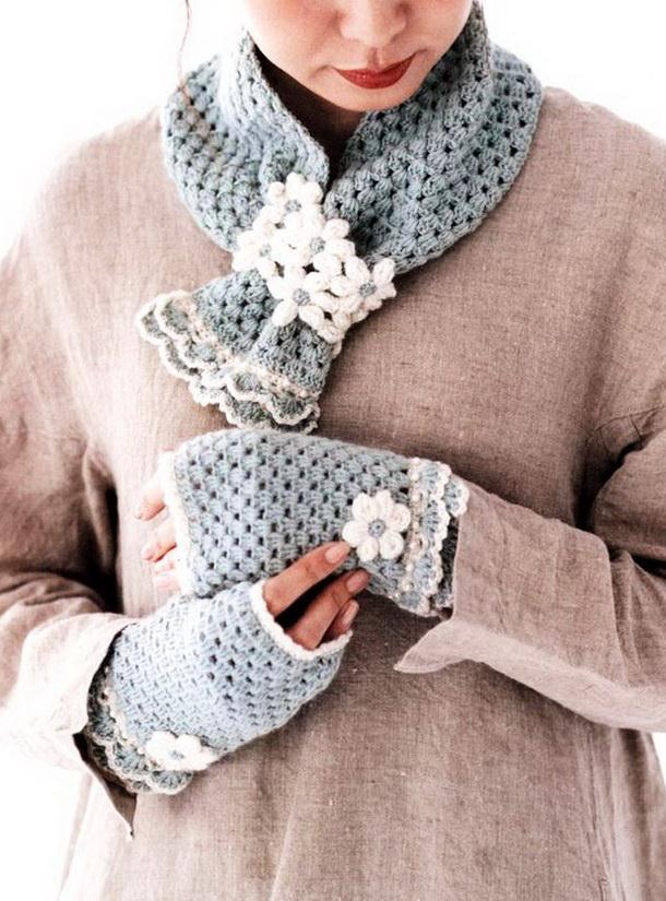 A scarf and Fingerless gloves using granny stitch decorated with small white flowers