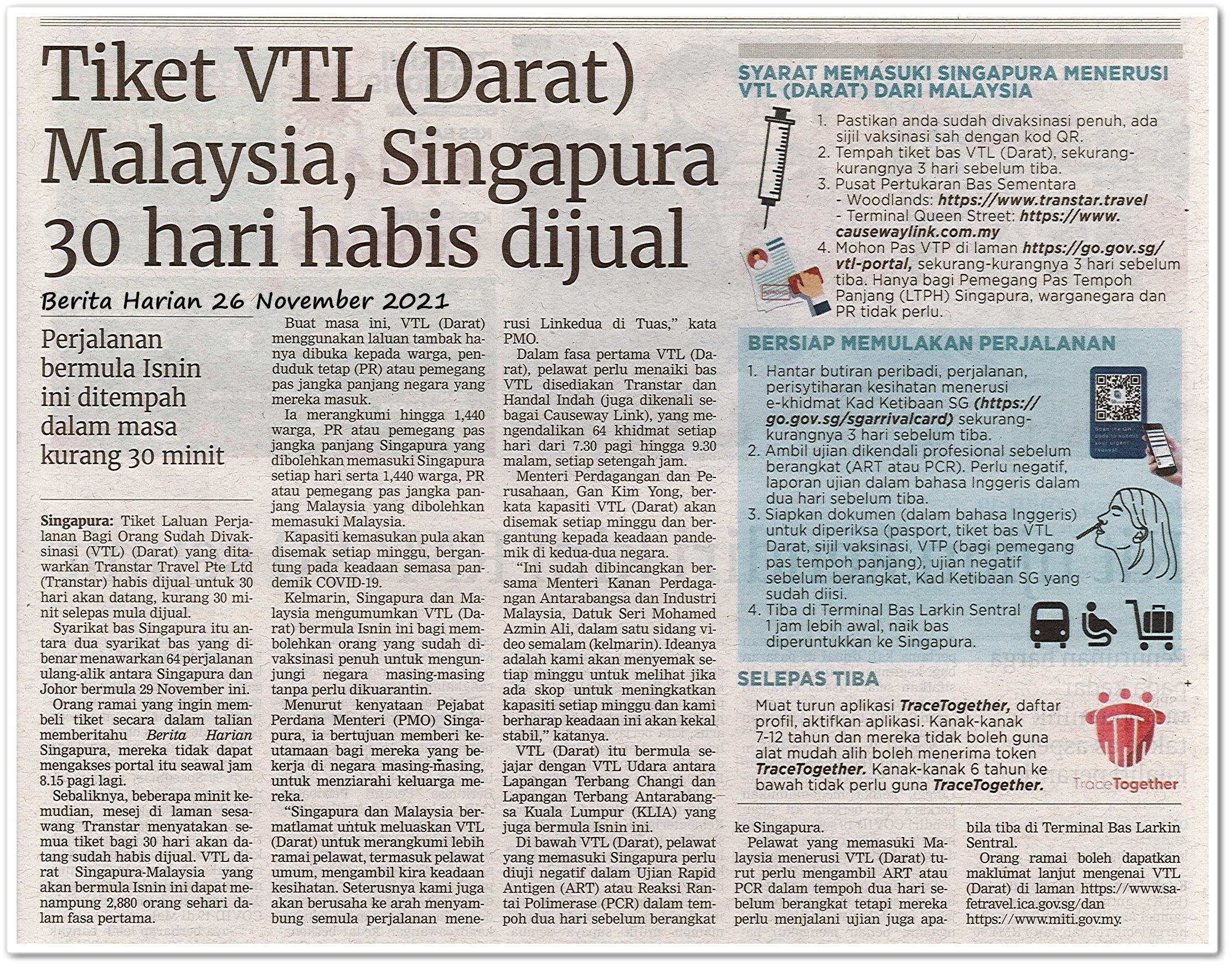 Tiket VTL (Darat) Malaysia, Singapura 30 hari habis dijual - Keratan akhbar Berita Harian 26 November 2021