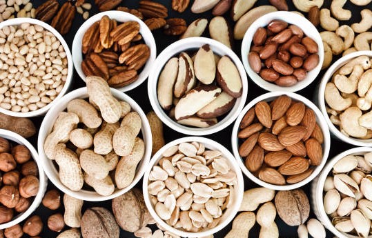 Healthy fat, fiber, and protein are found in nuts.