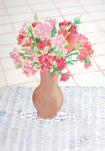 Watercolour of an earthenware jug full of pink flowers on a white wicker table, "Cruche fleurie," by William Walkington.