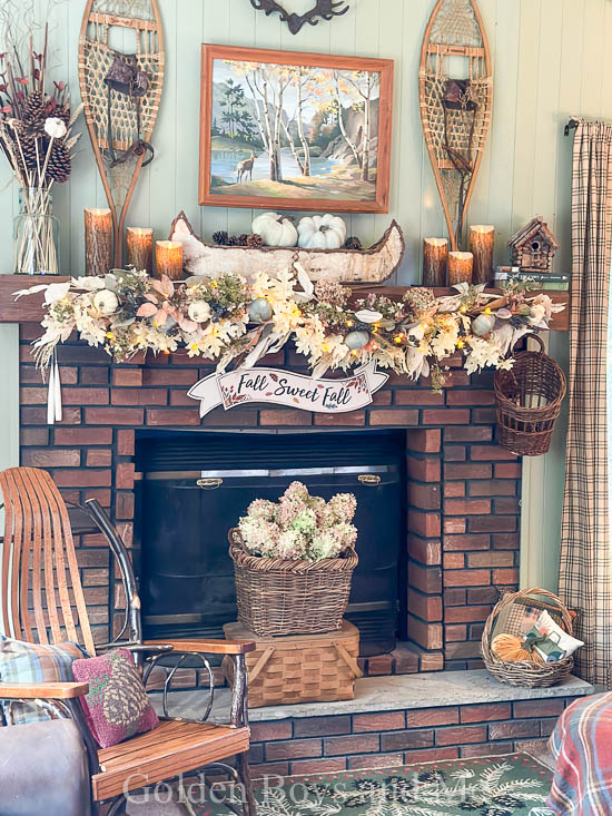 Fall mantel display with dried hydrangea - www.goldenboysandme.com