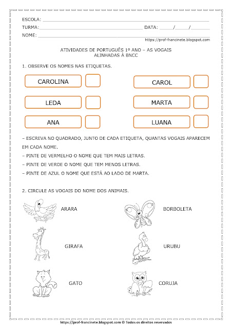 Atividades de Português 1º ano – As vogais