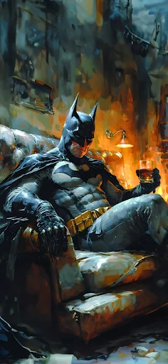 Batman sits amidst the glowing embers of a fire, in a night-time scene perfect for an iPhone wallpaper backdrop.