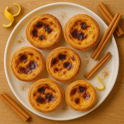 Top view of several Pastéis de Nata on a dish