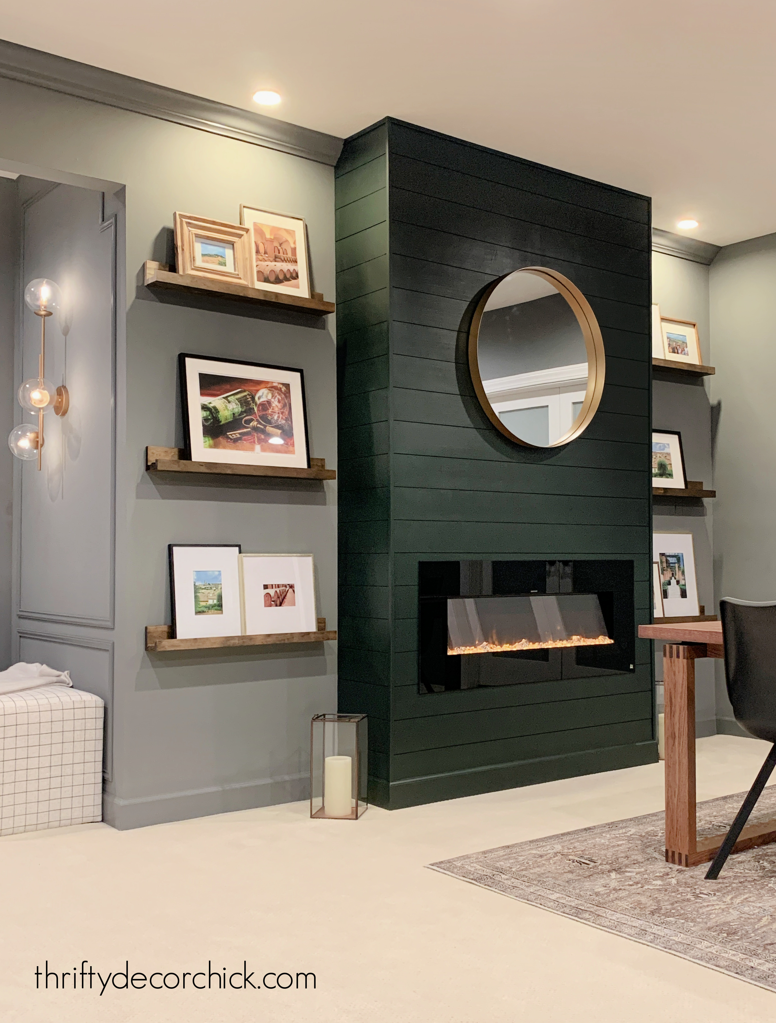 gray walls DIY green fireplace