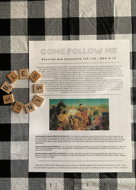 Come Follow Me printable study sheet with blessing scrabble letters.