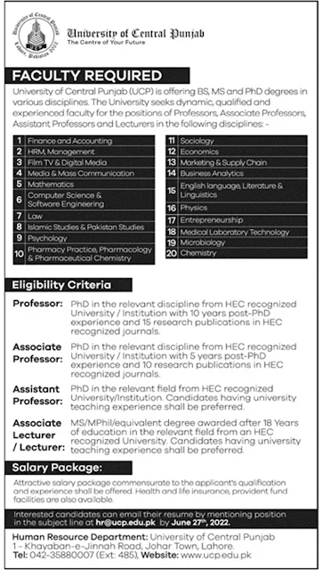 Occupations Advertisement College of Central Punjab Lahore Jobs 2022