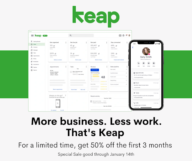 50% off 3 months with Keap. The offer ends January 14th!  Save 50% Off 3 Months with this special sale.