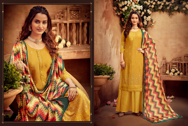 Yellow Pure Viscose Embroidered Work Palazzo Suit