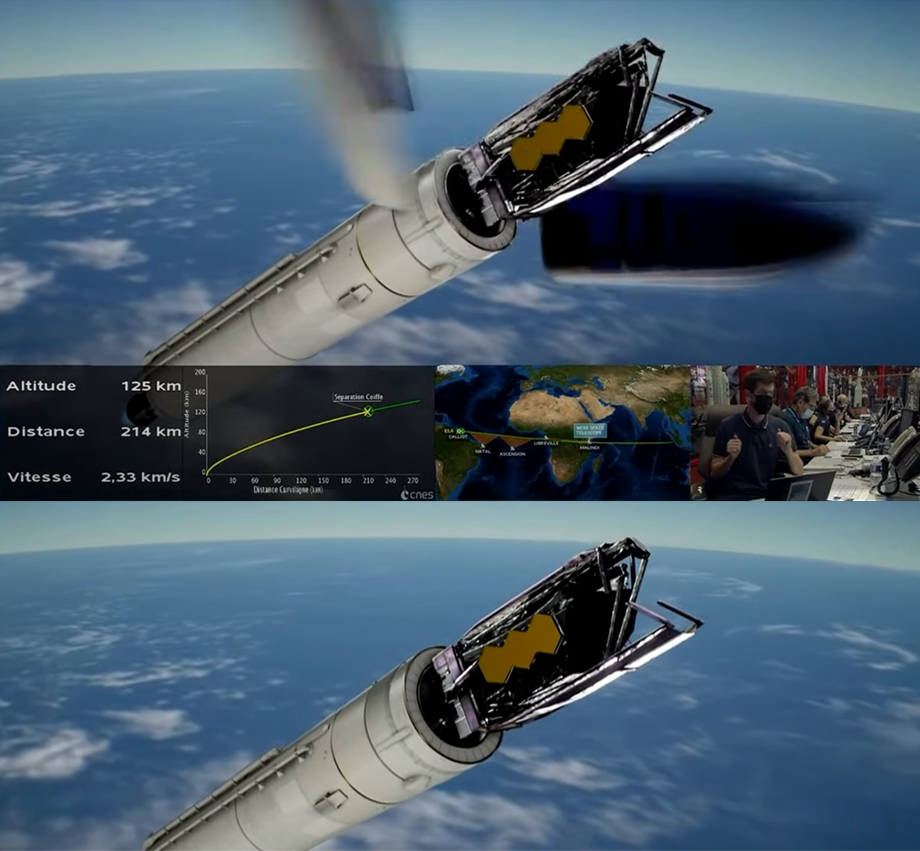 3min 25sec: Animation of Ariane 5 rocket ascending at a speed of 2.3km/s and an altitude of 125km, 214km away from the Spaceport. Fairing jettisoned to expose Webb to space. NASA/ESA, 25 December 2021.