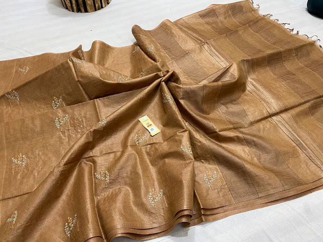 Buy Online Tussar  Silk Saree With Embroidery Work