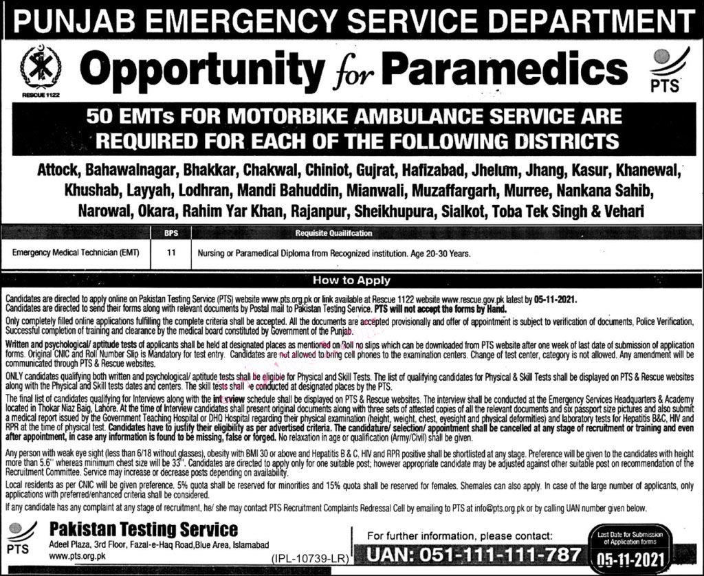 Rescue 1122 Jobs - Punjab Emergency Services Jobs 2021