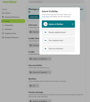 Screenshot of privacy settings, includign Full Name, Profile Photo, Profile, Discoverability, each of which can be configured to Anyone on Nextdoor, Nearby neighbourhoods, Your neighbourhood, or Only my connections. You can also set if other users are permitted to mention/tag you.