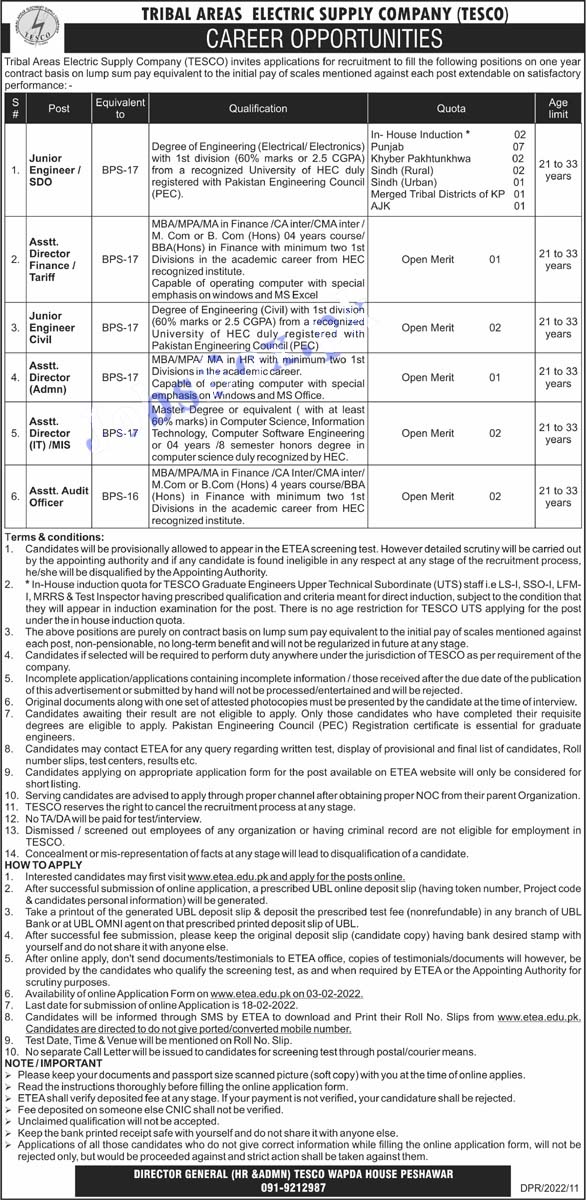 Tribal Areas Electric Supply Company TESCO Jobs 2022 Latest