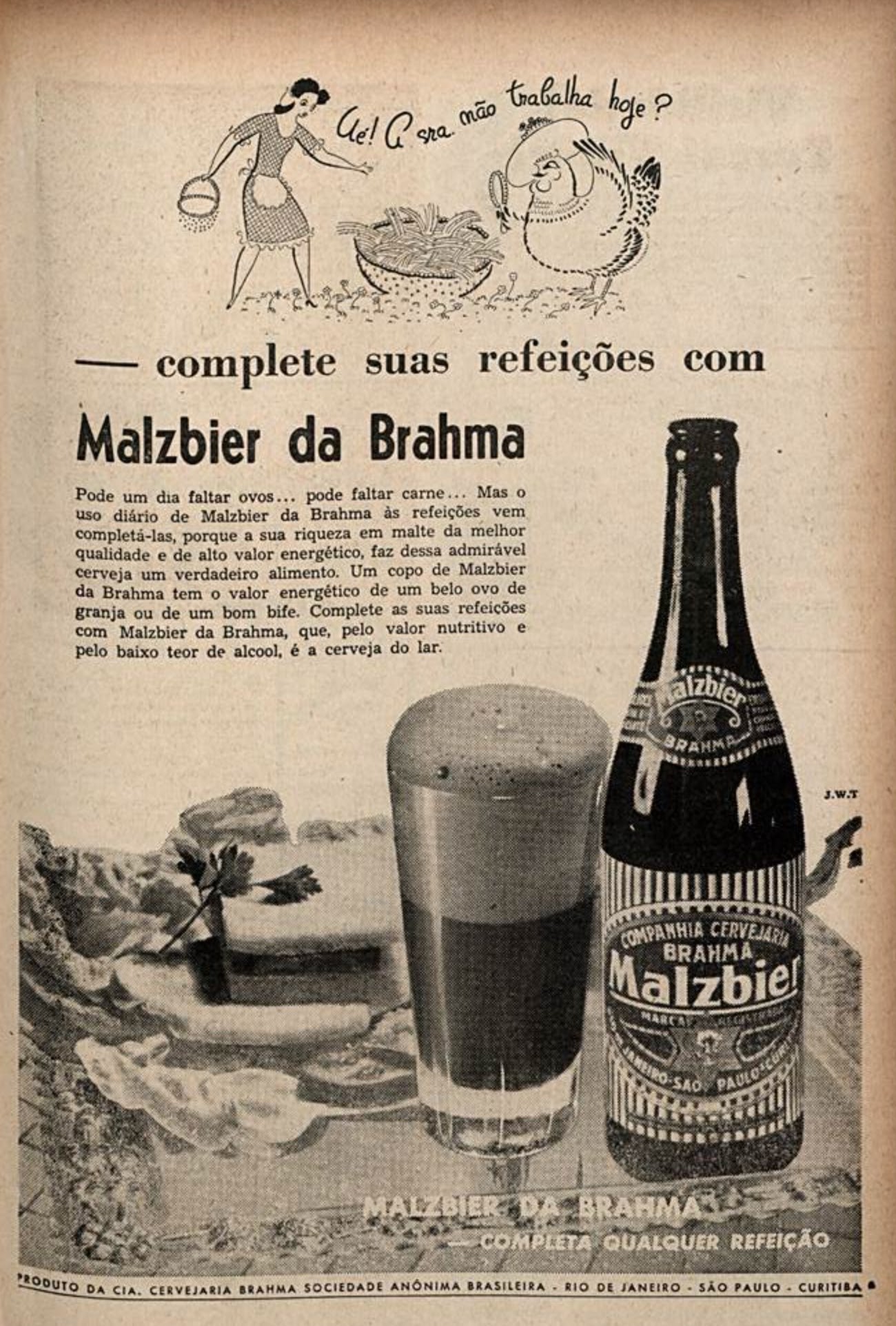 Anúncio de 1944 promovia a Malzier da Brahma como suplemento alimentar