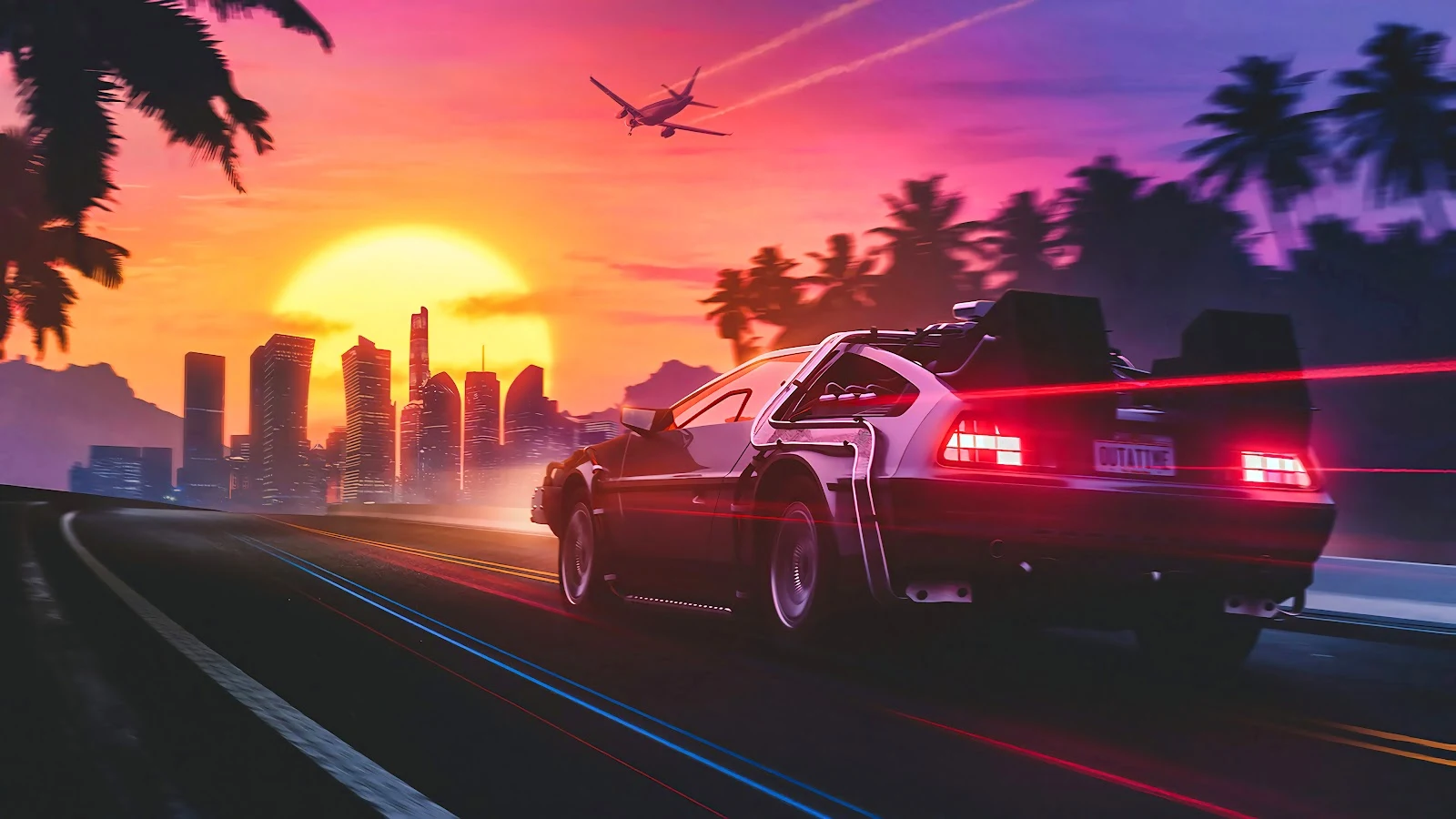 4K background wallpaper featuring a DeLorean from Back to The future cruising through a neon-lit retrowave landscape at sunset