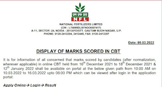NFL 24 MT (Marketing & HR) Result 2021 | Marks Scored in CBT