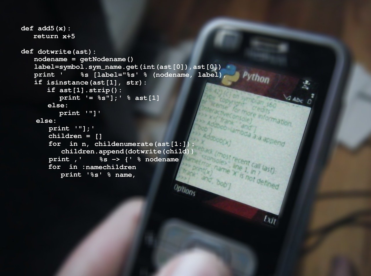 Código de Python sendo rodado no celular