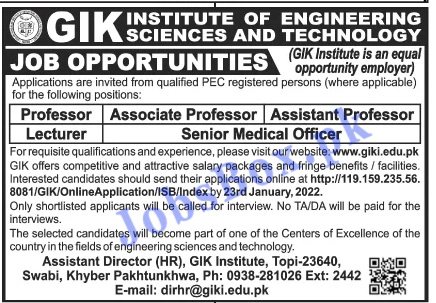 GIK Institute of Engineering Science & Technology Jobs 2022 in Pakistan