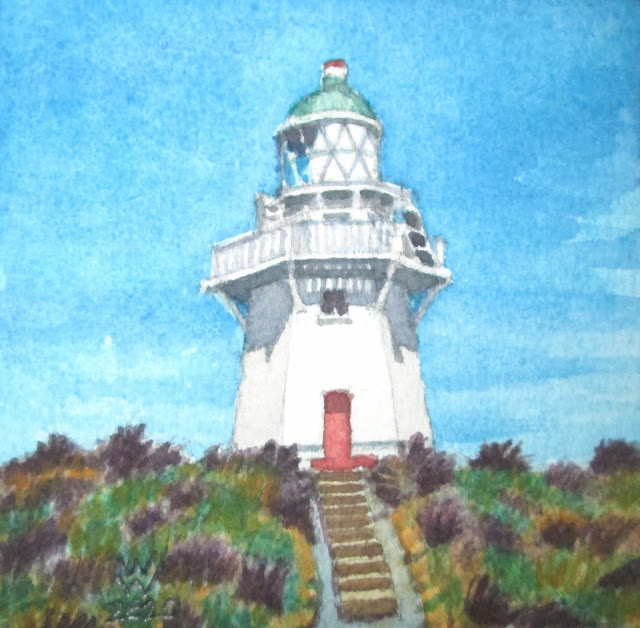 Watercolour of a flight of steps leading up to a lighthouse, "Waipapa Point Lighthouse," by William Walkington in 2020