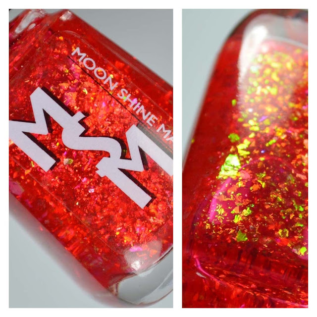 red jelly nail polish with flakies in a bottle