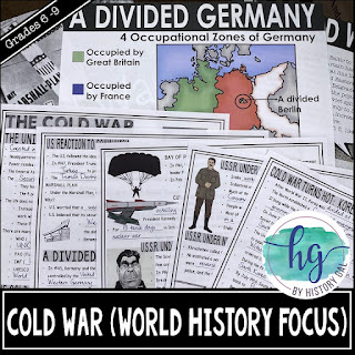 Images of students notes with the text that reads Grades 6-9; Cold War (World History Focus)