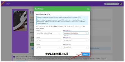 Anda ditampilkan survey peminatan, isikan survey dengan LPTK dan Program studi yang Anda minati kemudian klik lanjut